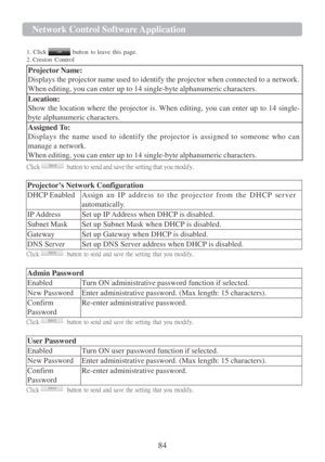 Page 8684  Network Cont r ol   Softwa r e   Application   
  
1. Click    button 
to leave  this page. 
2. Creston Control 
Projector Name:  
Displays the projector name used to identify the projector when connected  to a network. 
When editing, you can enter up to 14 single-byte alphanumeric characters.  
Location:  
Show  the  location  where the  projector is. When editing,  you  can  enter  up to  14   single- 
byte alphanumeric characters.  
Assigned To:  
Displays  the  name  used  to  identify  the...