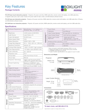 Page 2Interactivity****
Mech
OS
Display
Control
General
Package Contents P12 LTH laser touch-interactive projector - Projector, AC power cord (4m), HDMI cable (5m), remote control with battery, mini-USB cable (5m), 
2 magnetic static pens, laser curtain module, DC power cable for laser curtain, and MimioStudio software license.
P12 LIH laser pen-interactive projector - Projector, AC power cord (4m), HDMI cable (5m), remote control with battery, mini-USB cable (5m), 2 IR pens, 
and MimioStudio software...