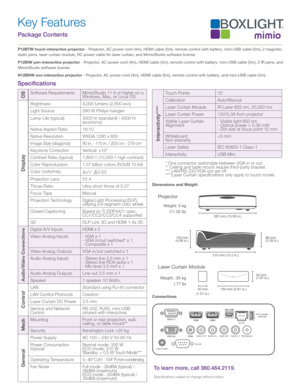 Page 2Interactivity****
Display
Package Contents 
P12BTW touch-interactive projector - Projector, AC power cord (4m), HDMI cable (5m), remote control with battery, mini-USB cable (5m), 2 magnetic 
static pens, laser curtain module, DC power cable for laser curtain, and MimioStudio software license.
P12BIW pen-interactive projector - Projector, AC power cord (4m), HDMI cable (5m), remote control with battery, mini-USB cable (5m), 2 IR pens, and 
MimioStudio software license. 
N12BNW non-interactive projector -...