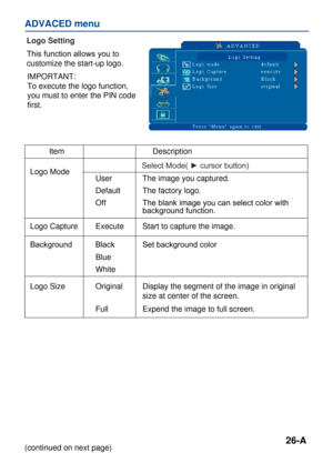 Page 27
26-A
ADVACED menu
ItemDescription 
Logo Mode
(continued on next page)
Select Mode( ► cursor button)
UserThe image you captured.
DefaultThe factory logo.
OffThe blank image you can select color with background function.
Start to capture the image.
Set background color
Logo Setting
Logo Capture
Background
Logo Size
IMPORTANT: 
To execute the logo function, 
you must to enter the PIN code 
first.
This function allows you to 
customize the start-up logo.
Execute
Black
Blue
White
OriginalDisplay the segment...