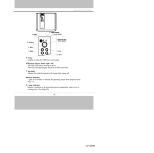 Page 15
-15- 
5. Menu  
  Display  or hides the OS D main menu page. 
6.Menu-up /down, Men u-right  / left 
  Selec ting  OSD menu  item up or down. 
  Selec ting and adjusting the fu nc tion of OSD menu  item 
7.
  Keysto ne 
  Adjusts the ver tical keysto ne w ith menu -right , menu-left 
8.
Po wer indica tor 
  Lights on or flashes to ind icate the operating s tatus of the projector (S ee 
Page
  53) 
9.
 La mp indica tor 
     Indicate a problem  in the in ternal proj ector temp erature, lamp cover or 
coo...