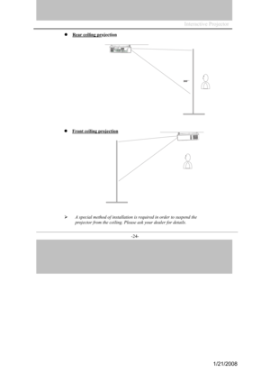 Page 22
Interactive Projector                
-24- 
Rear ceiling  proj ection
A  sp ecial method of insta llation is required in orde r to suspend the 
project or fro m the ce iling. Plea se ask yo ur dealer for  deta ils. 
Front ceiling projection
1/21/2008  