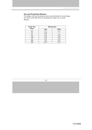 Page 23
Interactive Projector                
-25- 
Size and Projection Distance 
The distance  between the projector an d  screen determ ines the actual im age 
size.
  Refer to the table below  to  determ ine the im age size at a gi ven 
distance.
Dist ance (m) 
 Image Siz e 
(Inch) 
Tele  Wide 
40 1.37 1.11 
60 2.08 1.7 
80 2.78 2.29 
100 3. 49 2.88 
150 5. 26 4.36 
200 7. 03 5.83 
300 10.57 8.79 
1/21/2008  