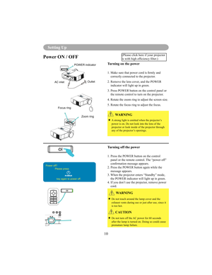 Page 1310
Setting Up
Power ON / OFF
Turning on the power
1.  Make sure that power cord is rmly and correctly connected to the projector.
2.  Remove the lens cover, and the POWER  indicator will light up in green.
3.  Press POWER button on the control panel or  the remote control to turn on the projector.
4. Rotate the zoom ring to adjust the screen size. 
5. Rotate the focus ring to adjust the focus.
Turning off the power
1.  Press the POWER button on the control  panel or the remote control. The “power off”...