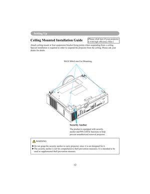 Page 1512
Setting Up
Ceiling Mounted Installation Guide 
Attach ceiling mount at four-suspension bracket xing points when suspending from a ceiling.  
Special installation is required in order to suspend the projector from the ceiling. Please ask your 
dealer for detals.
Security Anchor
The product is equipped with security 
anchor and PIN LOCK functions to help 
prevent unauthorized removal projector.
MAX M4x8 mm For Mounting.
WARNING
Do not grasp the security anchor to carry projector, since it is not...