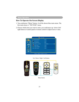 Page 2623
Menu Operation
How To Operate On-Screen Display
1.  You could press Menu button. It will be shown blue main menu. The rst main menu is  PICTURE menu.
2.  Choose which item you want to enter, you could press up / down /left/  right button of control panel or remote control to adjust item or value.
Up / Down / Right / Left button
Menu button
007
- VOL +
INPUT
ESC
MENU
AutoK
Still Blank
POWER
LASER
MOUSE-LAUTO BLANKMOUSE-R
MUTE
MENU
INPUTLASER 
INDICATOR
Power Laser
Menu  