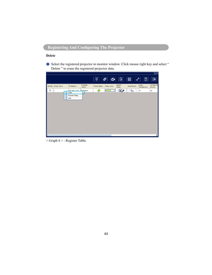 Page 47Registering And Conguring The Projector
44
Registering And Conguring The Projector
Delete
  Select the registered projector in monitor window. 
Click mouse right key and select “ 
Delete ” to erase the registered projector data.
< Graph 6 > : Register Table.  