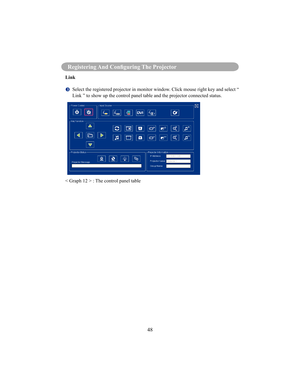 Page 5148
Registering And Conguring The Projector
Link
  Select the registered projector in monitor window. 
Click mouse right key and select “ 
Link ” to show up the control panel table and the projector connected status.
< Graph 12 > : The control panel table  