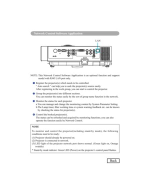 Page 7572
Network Control Software Application
Back
  Register the projector(s) which needs to be controlled.  
“ Auto search ” can help you to seek the projector(s) source easily.  
After registering in the work group, you can start to control the projector.
  Group the projector(s) into different sections.  
You can monitor the status easily by the sort of group name function in the network.
  Monitor the status for each projector.  
a.You can manage and change the monitoring content by System Parameter...