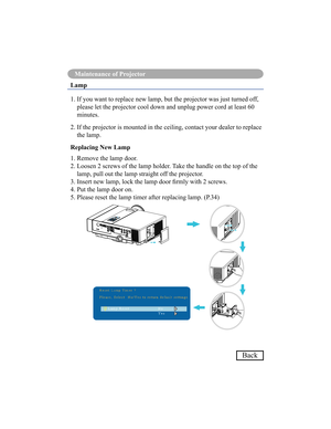 Page 7774
Maintenance of Projector
Back
Lamp 
1.  If you want to replace new lamp, but the projector was just turned off, please let the projector cool down and unplug power cord at least 60  
minutes.
2.  If the projector is mounted in the ceiling, contact your dealer to replace  the lamp.
Replacing New Lamp 
1. Remove the lamp door. 
2.  Loosen 2 screws of the lamp holder. Take the handle on the top of the  lamp, pull out the lamp straight off the projector.
3. Insert new lamp, lock the lamp door rmly with 2...