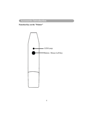 Page 81ii
Interactive Projector Packing ListAccessories Introduction
Function Key on the PointerLED Lamp
Button : Mouse Left Key  
