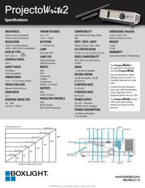 Page 2www.b oxlig ht.c o m
3 60.4 64.2 119
BRIGHTNESS
3000 Lumens (Standard)
1950 Lumens (Economy)
RESOLUTION
1024 x 768 XGA (Native)
1600 x 1200 UXGA (Compatible)
DISPLAY TYPE
0.63” LCD x 3
CONTRAST RATIO
500 :1
ASPECT RATIO
4:3 Native
16:9 Compatible
THROW RATIO
1.45 ~ 1.73 (x screen width)
PROJECTION LENS
Manual Zoom & Focus
ZOOM RATIO
1.2:1
DIAGONAL IMAGE SIZE
40” - 300”
101.6cm - 762cm
THROW DISTANCE
3.33’ - 25’ 
1.01m - 7.62m
KEYSTONE
+/- 30º Vertical
LAMP
230 watt UHP
LAMP LIFE
2000 (Standard)
3000...