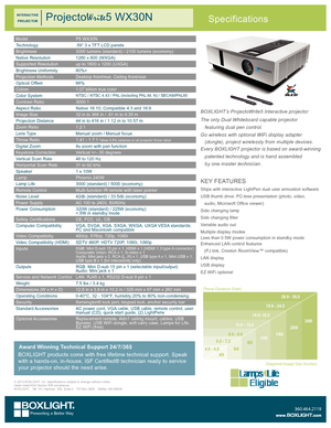 Page 1ModelP5 WX30N
Technology.59” 3 x TFT LCD panels
Brightness3000 lumens (standard) / 2100 lumens (economy)
Native Resolution1280 x 800 (WXGA)
Supported Resolutionup to 1600 x 1200 (UXGA)
Brightness Uniformity80%<
Projection MethodsDesktop front/rear, Ceiling front/rear
Optical Offset66%
Colors1.07 billion true color
Color SystemNTSC / NTSC 4.43 / PAL (including PAL-M, N) / SECAM/PAL60
Contrast Ratio3000:1
Aspect RatioNative 16:10; Compatible 4:3 and 16:9
Image Size32 in to 368 in / .81 m to 9.35 m...