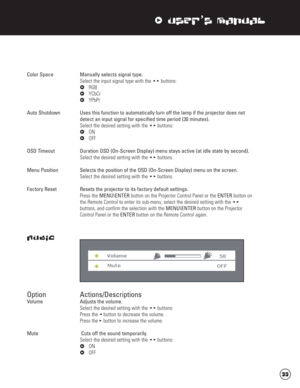 Page 34xUser’s Manual
Color Space  Manually selects signal type.
Select the input signal type with the s tbuttons:
xRGB
xYCbCr
xYPbPr
Auto Shutdown  Uses this function to automatically turn off the lamp if the projector does not 
detect an input signal for specified time period (30 minutes).
Select the desired setting with the s tbuttons:
xON
xOFF
OSD Timeout  Duration OSD (On-Screen Display) menu stays active (at idle state by second).
Select the desired setting with the s tbuttons.
Menu Position  Selects the...