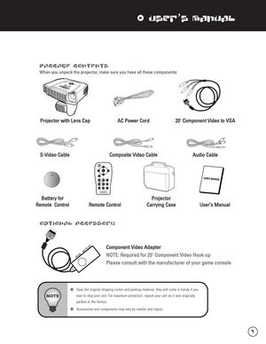 Page 8xUser’s Manual
Package Contents
When you unpack the projector, make sure you have all these components:
wSave the original shipping carton and packing material; they will come in handy if you 
ever to ship your unit. For maximum protection, repack your unit as it was originally 
packed at the factory.
wAccessories and components may vary by retailer and region.
P
Pr
ro
oj
je
ec
ct
to
or
r 
 w
wi
it
th
h 
 L
Le
en
ns
s 
 C
Ca
ap
p 
  
 A
AC
C 
 P
Po
ow
we
er
r 
 C
Co
or
rd
d 
 2
20
0'
' 
 C
Co
om...