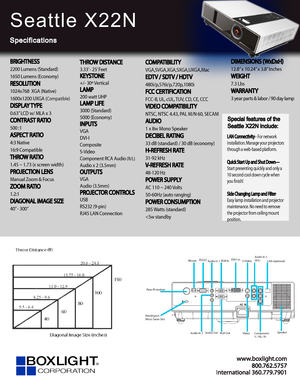 Page 1www.bo xligh t.c om
In ter na tional 360.779.7901
Seattle X22N
Specifications
Special features of the 
Seattle X22N include:
LAN Connectivity– For network 
installation. Manage your projectors 
through a web-based platform.
Quick Start Up and Shut Down—
Start presenting quickly and only a 
10 second cool down cycle when 
you fnish!
Side Changing Lamp and Filter
-
Easy lamp installation and projector 
maintenance. No need to remove 
the projector from ceiling mount 
position.
BRIGHTNESS
2200 Lumens...