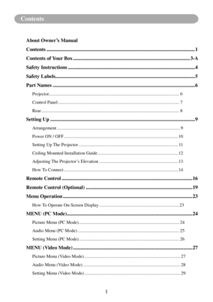 Page 31
Contents
About Owner’s Manual
Contents ........................................................................\
.............................................1
Contents of Your Box  ........................................................................\
.................... 3-A
Safety Instructions  ........................................................................\
............................4
Safety Labels...........................................................\...