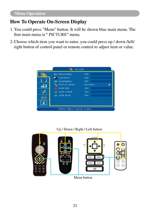 Page 2623
Menu Operation
How To Operate On-Screen Display
1.  You could press "Menu" button. It will be shown blue main menu. The 
first	main	menu	is	"	PICTURE"	menu.
2.   Choose which item you want to enter, you could press up / down /left/ 
right button of control panel or remote control to adjust item or value.\
Up / Down / Right / Left button
Menu button
007
- VOL +
INPUT
ES C
MENU
AutoK
Stil l Blan
k
POWE R
LASER
MOUSE-LAUT O B LANKMOUSE-R
MUTE
MENU
INPUTLASER
INDICA TOR
Power
Laser
Menu 