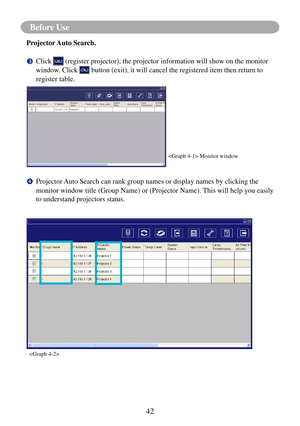 Page 4542
Before Use
		Projector Auto Search can rank group names or display names by clicking the 
monitor window title (Group Name) or (Projector Name). This will help you easily 
to understand projectors status.

 Monitor window
		Click  (register projector), the projector information will show on the monitor 
window. Click 
 button (exit), it will cancel the registered item then return to 
register table.
Projector Auto Search. 