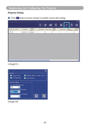 Page 5047
Registering And Configuring The Projector
Projector Setting
	Click  button (system setting) to modify system alert setting.
< Graph 9 >
  