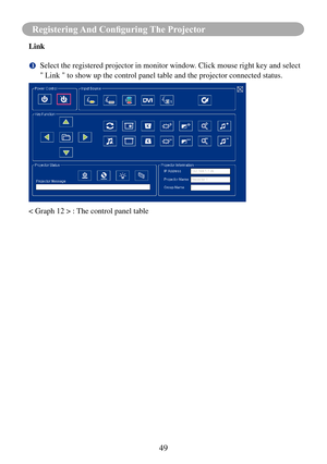 Page 5249
Registering And Configuring The Projector
Link
		Select the registered projector in monitor window. Click mouse right key and select 
" Link " to show up the control panel table and the projector connected \
status.
< Graph 12 > : The control panel table 