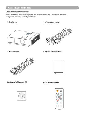 Page 6865
Safety InstructionsContents of Your Box
-        VOL        +
INPUT
ES C
MENU
AutoK
Stil l Blan
k
Check-list of your accessories
Please make sure that following items are included in the box, along wit\
h the main.
If any items missing, contact your dealer.
1. Projector
6. Remote control 2. Computer cable
3. Power cord 4.  
Quick Start Guide
5.   Owner’s Manual CD 