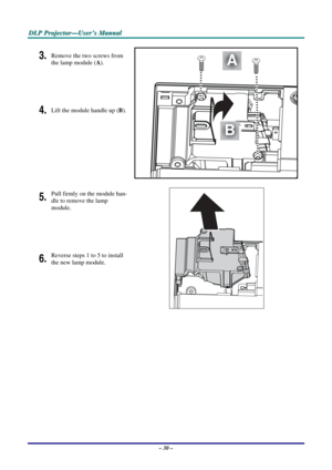 Page 39
D
D
D L
L
L P
P
P  
 
  P
P
P r
r
r o
o
o j
j
j e
e
e c
c
c t
t
t o
o
o r
r
r —
—
— U
U
U s
s
s e
e
e r
r
r ’
’
’ s
s
s  
 
  M
M
M a
a
a n
n
n u
u
u a
a
a l
l
l  
 
 
3. Remove the two screws from 
the lamp module ( A). 
 
4. Lift the module handle up ( B). 
A
B
5. Pull firmly on the module han-
dle to remove the lamp 
module. 
 
6. Reverse steps 1 to 5 to install 
the new lamp module. 
 
 
– 30 –  