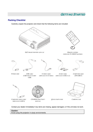 Page 8
 
 
GETTING STARTED 
Packing Checklist 
Carefully unpack the projector and check that the following items are included: 
 
 
 
DLP PROJECTOR WITH  LENS CAP REMOTE CONTROL  
(
WITH ONE 3V CR2025 BATTERY) 
 
    
POWER CORD USB CABLE 
(USB 
TYPE A-TO-MINI 
USB) 
S-VIDEO CABLE 
(
MINI JACK-TO-S-VIDEO)
AUDIO CABLE  
(
MINI JACK-TO-RCA X 2) 
COMPUTER CABLE  
(DVI-DB15) 
 
   
COMPOSITE VIDEO CABLE 
(
MINI JACK-TO-RCA) 
CD-ROM (THIS USER’S 
MANUAL
) 
QUICK START GUIDE  CARRYING CASE 
 
Contact your dealer...