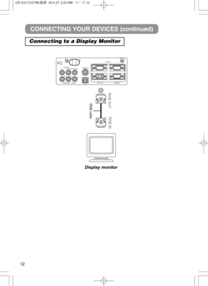 Page 1312
RGB cable

AUDIO IN
COMPONENT   VIIDEO R         L / (MONO)  VIDEO IN
C
R / RR                    CB / PB                          Y K
S-VIDEO IN
USB
1                  RGB   IN                    2
RGB   OUT                                  CONTROL

3(#0653(#*/
CONNECTING YOUR DEVICES (continued)
Connecting to a Display Monitor
Display monitor
$1487	4  1.  