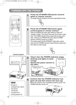 Page 1716
VIDEO
ASPECT
HOME
END
MUTE PA G E  D O W N
KEYSTONE FREEZEOFFON
MENU POSITION
ENTER
ESC RESET
PAGE UP VOLUME
MAGNIFY
AUTO BLANK RGB SEARCH
STANDBY/ON
1Press the STANDBY/ON button (control
panel or remote control)
The message Power off? will appear on the screen for approximately 5 seconds. 
3Check that the POWER indicator stops
blinking and lights to solid
orange.
Switch the power switch to
[O] (OFF).
4Confirm that the POWER indicator has
gone off and then attach the lens cap.
When the projector has...