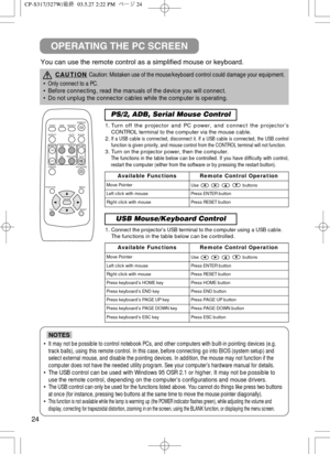 Page 2524You can use the remote control as a simplified mouse or keyboard.
OPERATING THE PC SCREEN
CAUTIONCaution: Mistaken use of the mouse/keyboard control could damage your equipment.
• Only connect to a PC.
• Before connecting, read the manuals of the device you will connect.
• Do not unplug the connector cables while the computer is operating.
• It may not be possible to control notebook PCs, and other computers with built-in pointing devices (e.g.
track balls), using this remote control. In this case,...