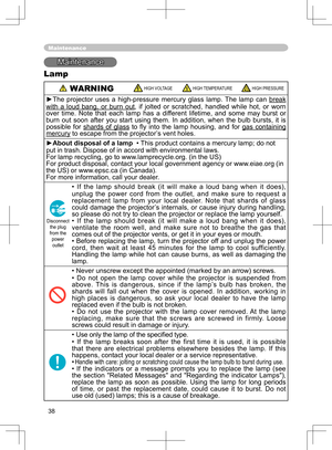 Page 38
38

Maintenance
Maintenance
Lamp
 WARNING HIGH VOLTAGE HIGH TEMPERATURE HIGH PRESSURE
►The  projector  uses  a  high-pressure  mercury  glass  lamp.  The  lamp  can break 
with  a  loud  bang,  or  burn  out,  if  jolted  or  scratched,  handled  while  hot,  or  worn 
over  time.  Note  that  each  lamp  has  a  different  lifetime,  and  some  may  burst  or 
burn  out  soon  after  you  start  using  them.  In  addition,  when  the  bulb  bursts,  it  is 
possible  for  shards  of  glass  to  ﬂy...