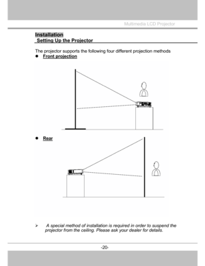 Page 21
Installation 
  Setting Up the Projector   
 
Multimedia LCD Projector
 
The projectorsupports the following four different projection methods
z    Front p
rojection 
z    Rea
r
