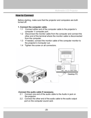 Page 26
 

Multimedia LCD Projector
 
How to Connect 
Before starting, make sure that the projector and computers are both
turned off. 
1. Connect the computer cable.
1.1    Connect either end of the computer cable to the projector’s 
computer 1/ computer port. 
1.2    Disconnect the monitor cable  from the computer and connect the 
other end of the terminal where the monitor cable is disconnected
from the computer. 
1.3    If needed, connect the monitor ca ble of the computer monitor to 
the projector’s...