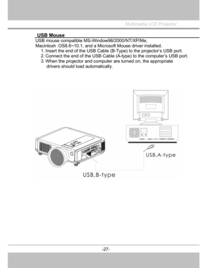 Page 28
 USB Mouse_  
USB mouse compatible MS-Window98/2000/NT/XP/Me, 
Macintosh :OS8.6~10.1, and a Microsoft Mouse driver installed. 
1. Insert the end of the USB Cable (B-Type) to the projector’s USB port. 
2. Connect the end of the USB Cable (A -type) to the computer’s USB port. 
3. When the projector and computer are turned on, the appropriate  drivers should load automatically. 
 
Multimedia LCD Projector
 
-27-
  