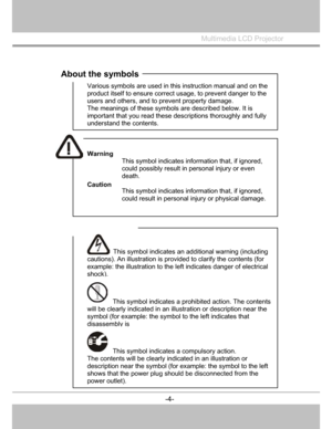 Page 5
Multimedia LCD Projector
 
About the symbols
Various symbols are used in this instruction manual and on the 
product itself to ensure correct  usage, to prevent danger to the 
users and others, and to pr event property damage.   
The meanings of these symbols are described below. It is 
important that you read these  descriptions thoroughly and fully 
understand the contents.
 
Warning 
This symbol indicates info rmation that, if ignored, 
could possibly result in personal injury or even 
death....