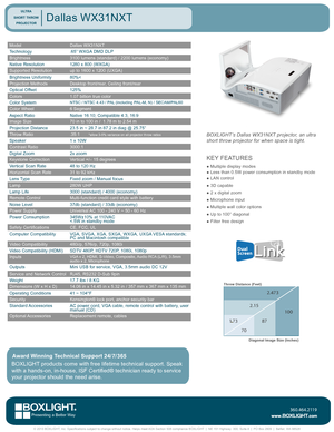 Page 15.22
4
.352.473
2.15
1.73
1
2
0100100
87
70
Throw Distance (Feet)
Diagonal Image Size (Inches)
ModelDallas WX31NXT
Technology.65” WXGA DMD DLP
Brightness3100 lumens (standard) / 2200 lumens (economy)
Native Resolution1280 x 800 (WXGA)
Supported Resolutionup to 1600 x 1200 (UXGA)
Brightness Uniformity80%<
Projection MethodsDesktop front/rear, Ceiling front/rear
Optical Offset125%
Colors1.07 billion true color
Color SystemNTSC / NTSC 4.43 / PAL (including PAL-M, N) / SECAM/PAL60
Color Wheel6 Segment
Aspect...