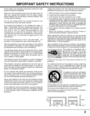Page 3PROJECTOR
(FRONT)PROJECTOR
(SIDE)
WALL
50cm
50cm
50cm 50cm
Unplug this projector from wall outlet and refer servicing to
qualified service personnel under the following conditions:
a. When the power cord or plug is damaged or frayed.
b. If liquid has been spilled into the projector.
c. If the projector has been exposed to rain or water.
d. If the projector does not operate normally by following the
operating instructions. Adjust only those controls that are
covered by the operating instructions as...