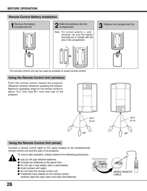 Page 2828
60°
R/C JACKSERIAL PORT
OPENOPEN
Connect a remote control cable to R/C jacks located on the wireless/wired
remote control unit and the side of the projector.
60° The remote control unit can be used as wireless or wired remote control.
WIRED REMOTE
CABLE
1
Remove the battery
compartment lid.
2
Slide the batteries into the
compartment.
3
Replace the compartment lid.
Note :For correct polarity (+ and -
terminal), be sure the battery
terminals are in contact with the
pins in the compartment.
Point the...