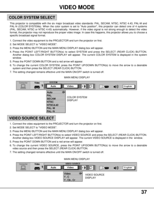 Page 3737
VIDEO SOURCE
DISPLAY MAIN MENU DISPLAY 1. Connect the video equipment to the PROJECTOR and turn the projector on first.
2. Set MODE SELECT to VIDEO MODE.
3. Press the MENU BUTTON and the MAIN MENU DISPLAY dialog box will appear.
4. Press the POINT LEFT/RIGHT BUTTON(s) to select VIDEO SOURCE and press the SELECT (REAR CLICK) BUTTON.
Another dialog box VIDEO SOURCE DISPLAY will appear. The current VIDEO SOURCE is displayed in the  window.
5. Press the POINT DOWN BUTTON and a red arrow will appear.
6. To...