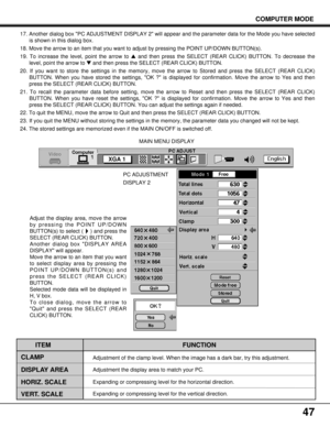 Page 47XGA 1
47
ITEM
CLAMP
DISPLAY AREA
HORIZ. SCALEFUNCTION
Adjustment of the clamp level. When the image has a dark bar, try this adjustment.
Expanding or compressing level for the vertical direction. Expanding or compressing level for the horizontal direction.PC ADJUSTMENT
DISPLAY 2MAIN MENU DISPLAY 17. Another dialog box PC ADJUSTMENT DISPLAY 2 will appear and the parameter data for the Mode you have selected
is shown in this dialog box.
18. Move the arrow to an item that you want to adjust by pressing the...