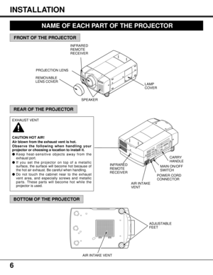 Page 66
EXHAUST VENT
CAUTION HOT AIR!
Air blown from the exhaust vent is hot.
Observe the following when handling your
projector or choosing a location to install it.
lKeep heat-sensitive objects away from the
exhaust port.
lIf you set the projector on top of a metallic
surface, the surface will become hot because of
the hot air exhaust. Be careful when handling.
lDo not touch the cabinet near to the exhaust
vent area, and especially screws and metallic
parts. These parts will become hot while the
projector is...