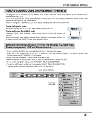 Page 5151
SETTING
DISPLAY MAIN MENU DISPLAY 1. Press the MENU BUTTON and the MAIN MENU DISPLAY dialog box will appear.
2. Press the POINT LEFT/RIGHT BUTTON(s) to select SETTING and press the SELECT (REAR CLICK) BUTTON.
Another dialog box SETTING DISPLAY will appear.
3. Press the POINT DOWN BUTTON and a red arrow will appear.
4. Move the arrow to an item you want to set by pressing the POINT UP/DOWN BUTTON(s).
5. If you want to change the setting, press the SELECT (REAR CLICK) BUTTON.
6. To quit the MENU, point...