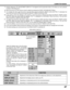 Page 47XGA 1
47
ITEM
CLAMP
DISPLAY AREA
HORIZ. SCALEFUNCTION
Adjustment of the clamp level. When the image has a dark bar, try this adjustment.
Expanding or compressing level for the vertical direction. Expanding or compressing level for the horizontal direction.PC ADJUSTMENT
DISPLAY 2MAIN MENU DISPLAY 17. Another dialog box PC ADJUSTMENT DISPLAY 2 will appear and the parameter data for the Mode you have selected
is shown in this dialog box.
18. Move the arrow to an item that you want to adjust by pressing the...