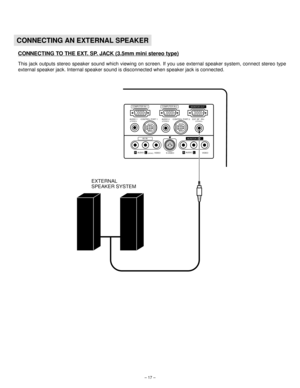 Page 17– 17–
CONNECTING AN EXTERNAL SPEAKER
CONNECTING TO THE EXT. SP. JACK (3.5mm mini stereo type)
This jack outputs stereo speaker sound which viewing on screen. If you use external speaker system, connect stereo type
external speaker jack. Internal speaker sound is disconnected when speaker jack is connected.
COMPUTER IN 1COMPUTER IN 2MONITOR OUT
EXT. SP CONTROL PORT 2 CONTROL PORT 1 AUDIO 2
(STEREO) (STEREO)AUDIO 1(STEREO)(8Ω)
AV IN
AUDIO
VIDEO VIDEO
S-VIDEO(MONO)
MONITOR OUT
RLAUDIORL
EXTERNAL
SPEAKER...