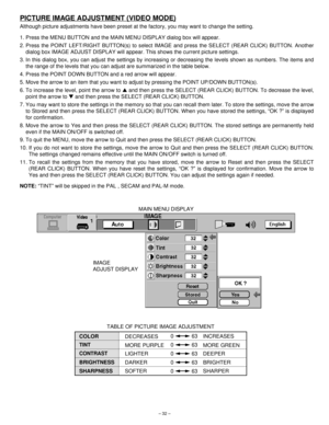 Page 32– 32–
PICTURE IMAGE ADJUSTMENT (VIDEO MODE)
Although picture adjustments have been preset at the factory, you may want to change the setting.
1. Press the MENU BUTTON and the MAIN MENU DISPLAY dialog box will appear.
2. Press the POINT LEFT/RIGHT BUTTON(s) to select IMAGE and press the SELECT (REAR CLICK) BUTTON. Another
dialog box IMAGE ADJUST DISPLAY will appear. This shows the current picture settings.
3. In this dialog box, you can adjust the settings by increasing or decreasing the levels shown as...