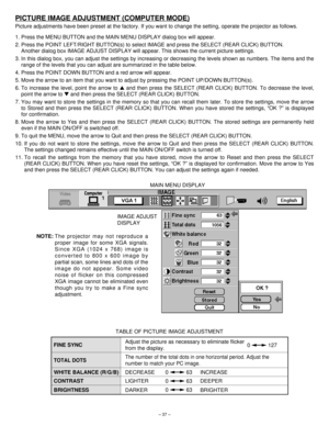 Page 37– 37–
PICTURE IMAGE ADJUSTMENT (COMPUTER MODE)
Picture adjustments have been preset at the factory. If you want to change the setting, operate the projector as follows.
1. Press the MENU BUTTON and the MAIN MENU DISPLAY dialog box will appear.
2. Press the POINT LEFT/RIGHT BUTTON(s) to select IMAGE and press the SELECT (REAR CLICK) BUTTON. 
Another dialog box IMAGE ADJUST DISPLAY will appear. This shows the current picture settings.
3. In this dialog box, you can adjust the settings by increasing or...