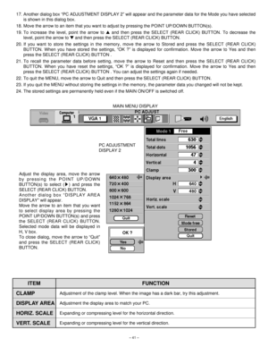 Page 41– 41–
17. Another dialog box “PC ADJUSTMENT DISPLAY 2” will appear and the parameter data for the Mode you have selected
is shown in this dialog box.
18. Move the arrow to an item that you want to adjust by pressing the POINT UP/DOWN BUTTON(s).
19. To increase the level, point the arrow to and then press the SELECT (REAR CLICK) BUTTON. To decrease the
level, point the arrow to and then press the SELECT (REAR CLICK) BUTTON.
20. If you want to store the settings in the memory, move the arrow to Stored...