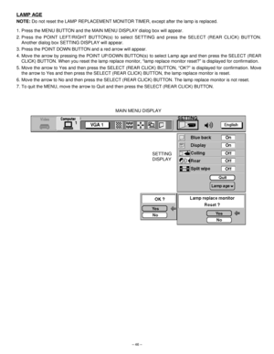 Page 46– 46–
LAMP AGE
NOTE:Do not reset the LAMP REPLACEMENT MONITOR TIMER, except after the lamp is replaced.
1. Press the MENU BUTTON and the MAIN MENU DISPLAY dialog box will appear.
2. Press the POINT LEFT/RIGHT BUTTON(s) to select SETTING and press the SELECT (REAR CLICK) BUTTON.
Another dialog box SETTING DISPLAY will appear.
3. Press the POINT DOWN BUTTON and a red arrow will appear.
4. Move the arrow by pressing the POINT UP/DOWN BUTTON(s) to select Lamp age and then press the SELECT (REAR
CLICK)...