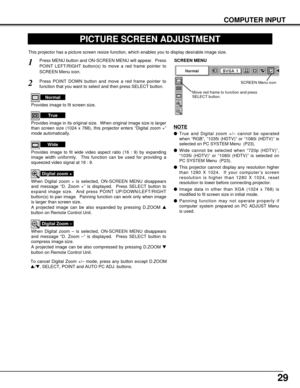 Page 2929
COMPUTER INPUT
PICTURE SCREEN ADJUSTMENT
This projector has a picture screen resize function, which enables you to display desirable image size.
Press MENU button and ON-SCREEN MENU will appear.  Press
POINT LEFT/RIGHT button(s) to move a red frame pointer to
SCREEN Menu icon.
When Digital zoom + is selected, ON-SCREEN MENU disappears
and message “D. Zoom +” is displayed.  Press SELECT button to
expand image size.  And press POINT UP/DOWN/LEFT/RIGHT
button(s) to pan image.  Panning function can work...